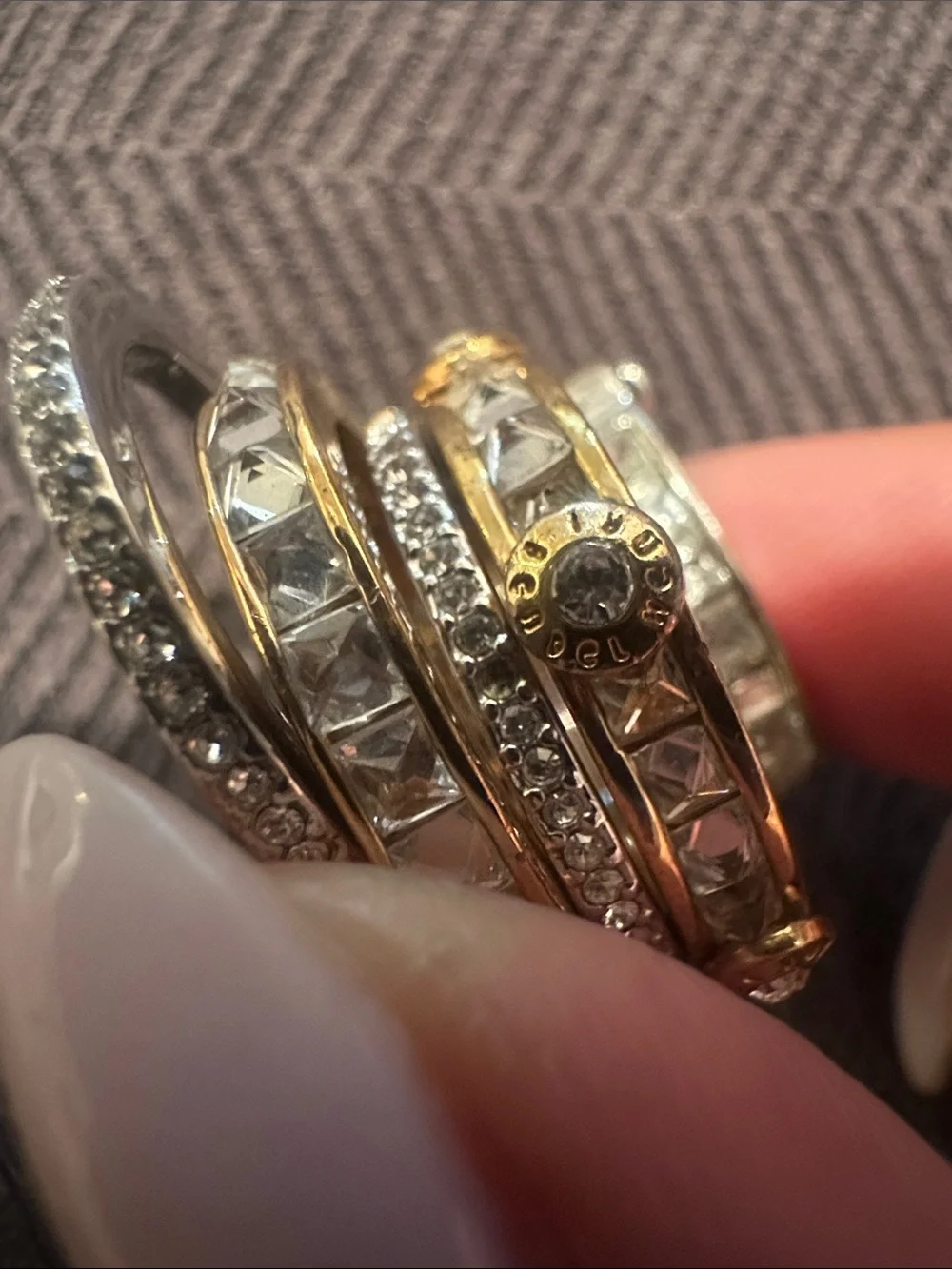 Henri Bendel Stackable Gold and Silver Crystal Band Ring 5 stack